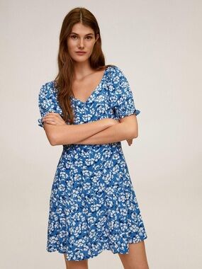 Mango Blue and white floral mini button down dress size S